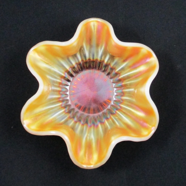 Antique Dugan Smooth Rays Jeweled Heart Peach Opal Carnival Glass Sauce Bowl