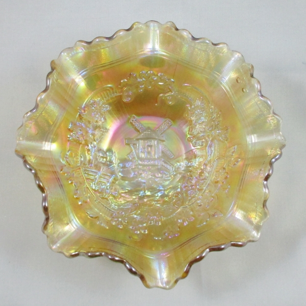 Antique Imperial Windmill Pastel Marigold Carnival Glass Bowl