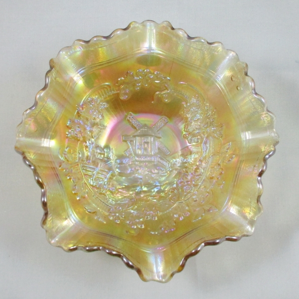 Antique Imperial Windmill Pastel Marigold Carnival Glass Bowl