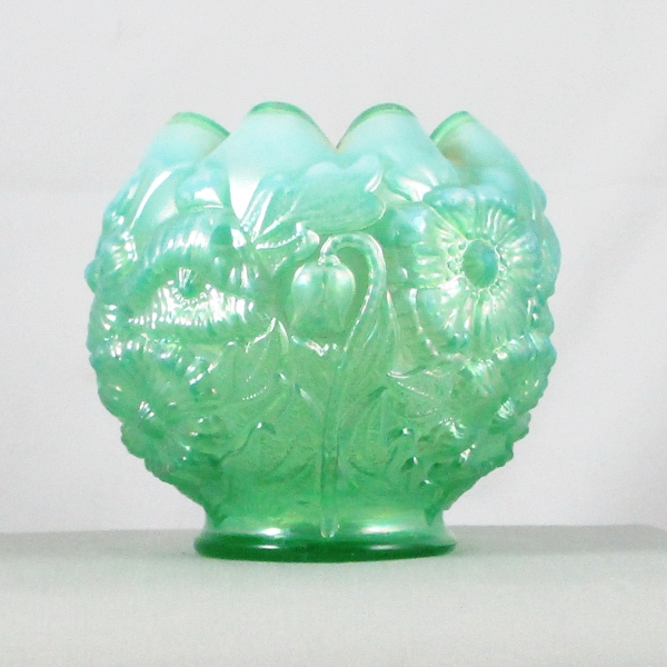 Fenton Green Opal Poppy Show Carnival Glass Crimped Rose Bowl