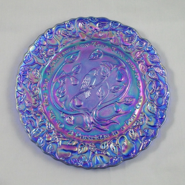 Imperial Blue 12 Days of Christmas Carnival Glass Plate #1 Partridge in a Pear Tree