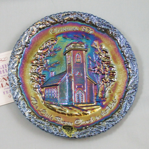 Fenton Amethyst Christmas 1970 Carnival Glass Plate #1 Little Brown Church