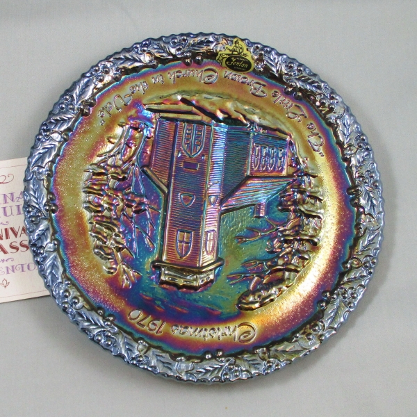 Fenton Amethyst Christmas 1970 Carnival Glass Plate #1 Little Brown Church