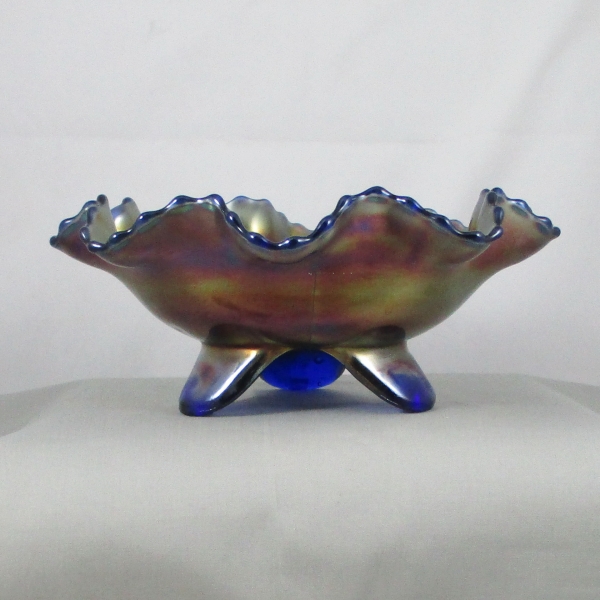 Antique Fenton Grape & Cable Cobalt Blue Carnival Glass Footed Bowl