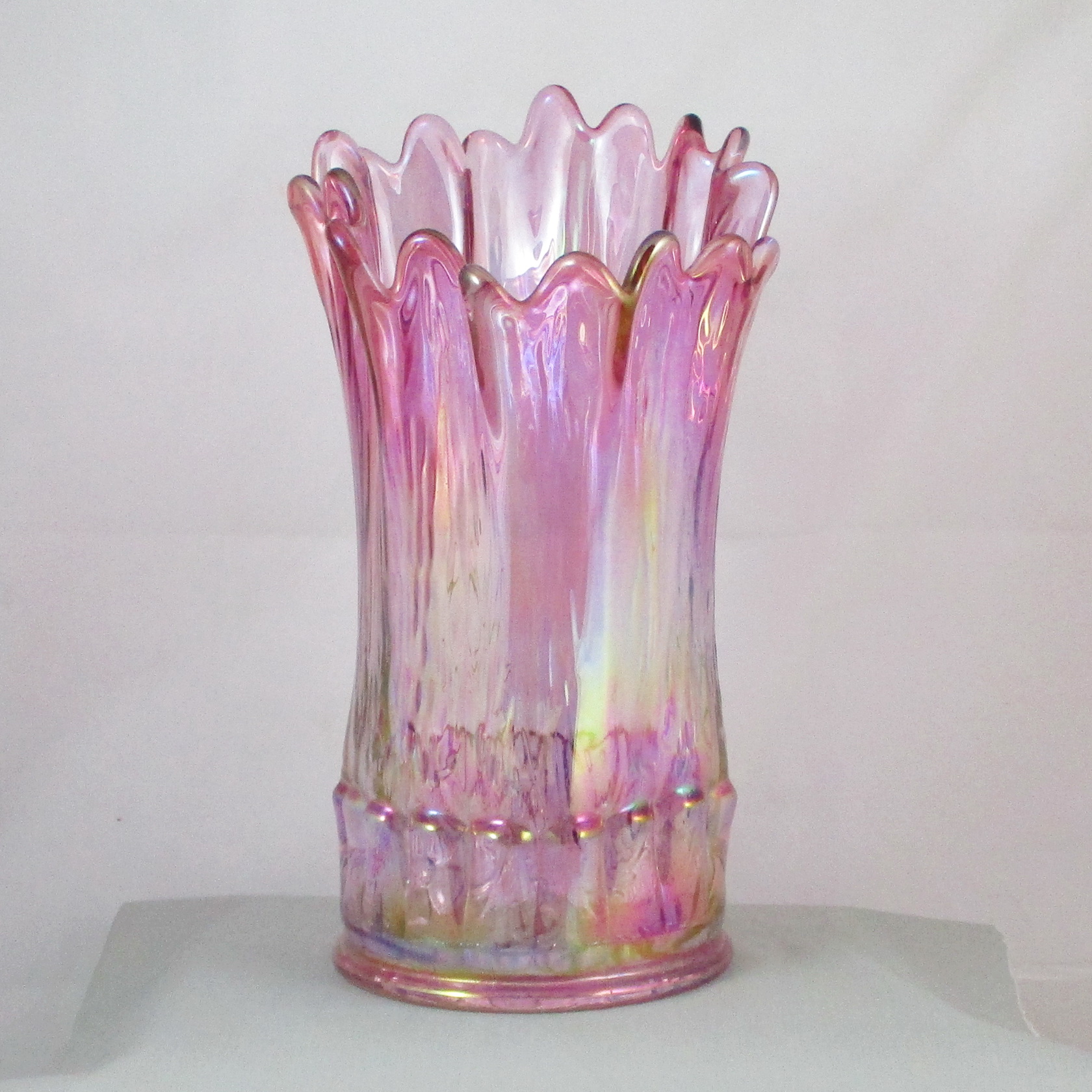 Levay Good Luck Pink Carnival Glass Swung Funeral Vase Levay Good Luck Pink Carnival Glass Swung Funeral Vase