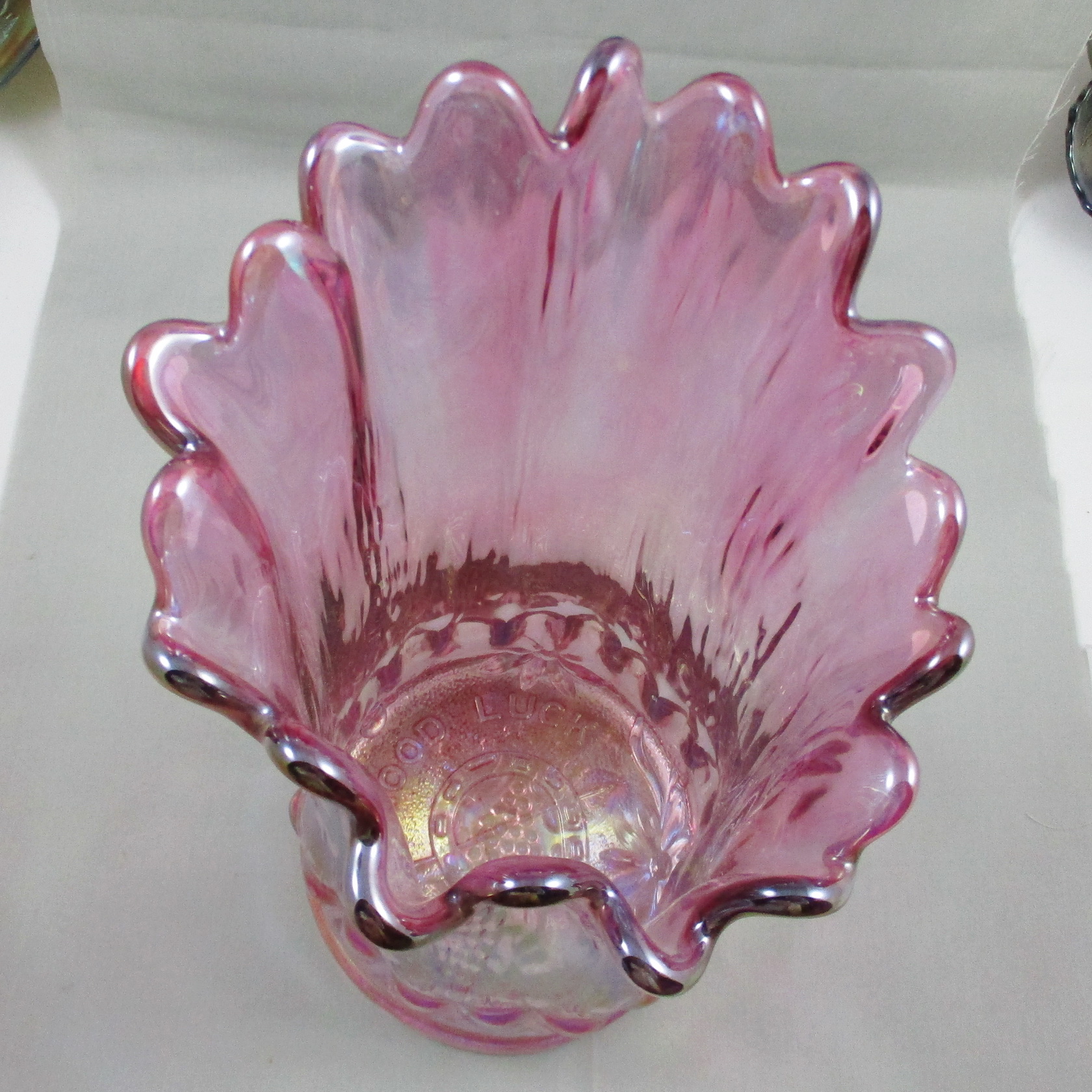 Levay Good Luck Pink Carnival Glass Swung Funeral Vase Levay Good Luck Pink Carnival Glass Swung Funeral Vase