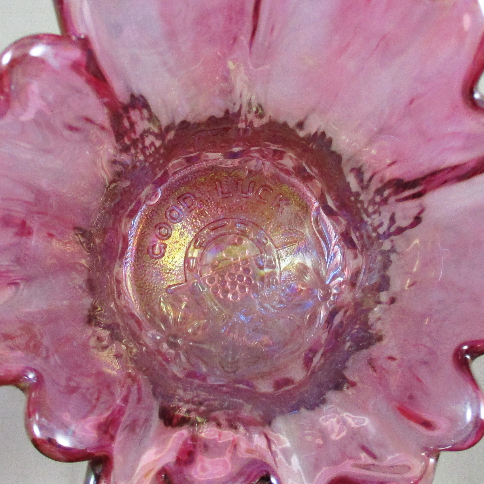 Levay Good Luck Pink Carnival Glass Swung Funeral Vase Levay Good Luck Pink Carnival Glass Swung Funeral Vase