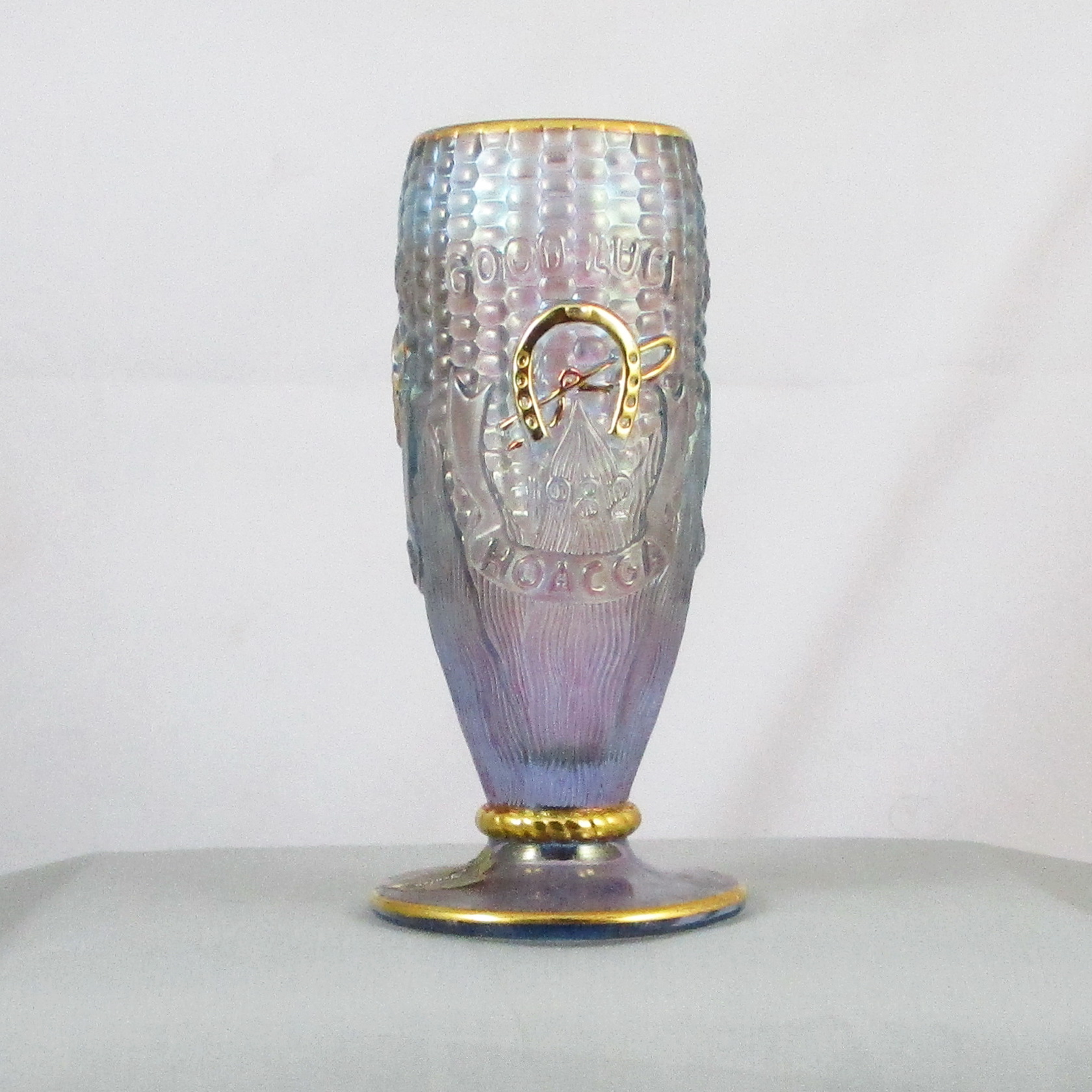 Fenton for HOACGA Lavender Gold Decorated Good Luck Carnival Glass Corn Vase Stalk Base Fenton for HOACGA Lavender Gold Decorated Good Luck Carnival Glass Corn Vase Stalk Base