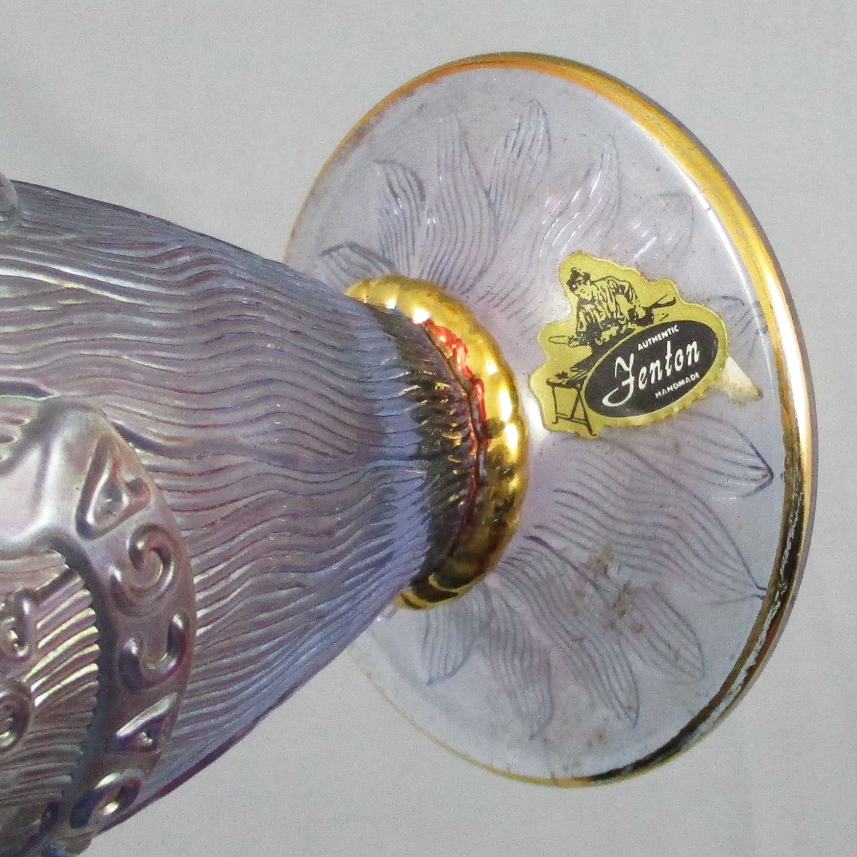 Fenton for HOACGA Lavender Gold Decorated Good Luck Carnival Glass Corn Vase Stalk Base Fenton for HOACGA Lavender Gold Decorated Good Luck Carnival Glass Corn Vase Stalk Base