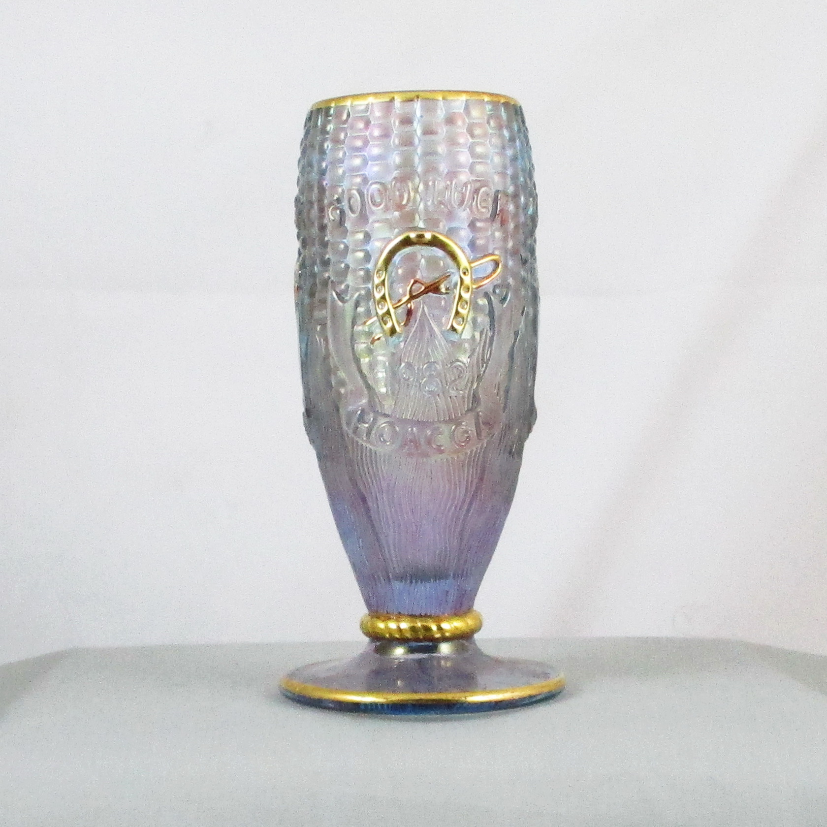 Fenton for HOACGA Lavender Gold Decorated Good Luck Carnival Glass Corn Vase Stalk Base Fenton for HOACGA Lavender Gold Decorated Good Luck Carnival Glass Corn Vase Stalk Base