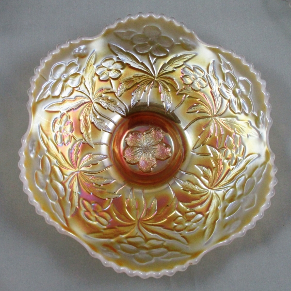 Antique Westmoreland Carolina Dogwood Peach Opal Carnival Glass Low Bowl or Plate