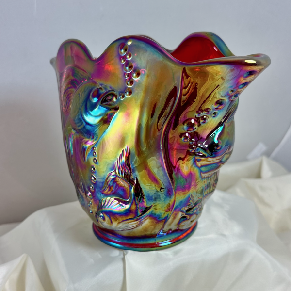 Fenton RED Atlantis Carnival Glass FAN Vase - WHIMSEY