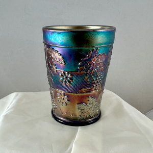 Antique Fenton Blue Floral & Grape Carnival Glass Tumbler
