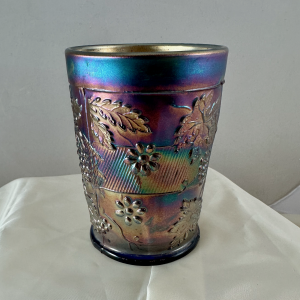 Antique Fenton Blue Floral & Grape Carnival Glass Tumbler