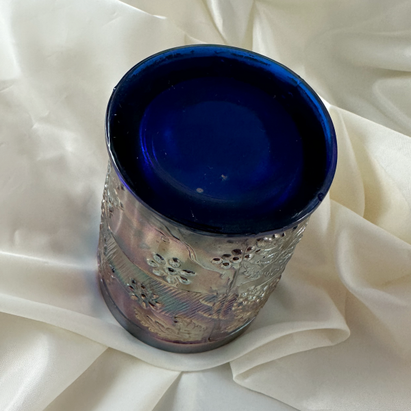 Antique Fenton Blue Floral & Grape Carnival Glass Tumbler