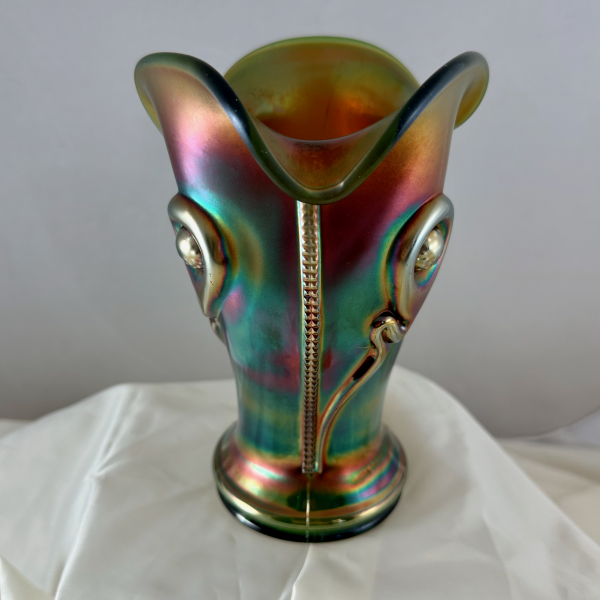 Antique Northwood Tornado Green Carnival Glass Vase LARGE