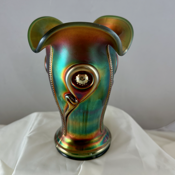 Antique Northwood Tornado Green Carnival Glass Vase LARGE