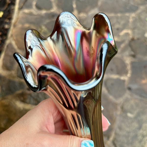 Antique Fenton Diamond & Rib Amethyst Carnival Glass Vase