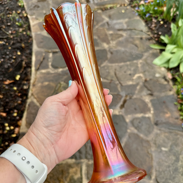 Antique Dugan Pulled Loop Marigold Carnival Glass Vase