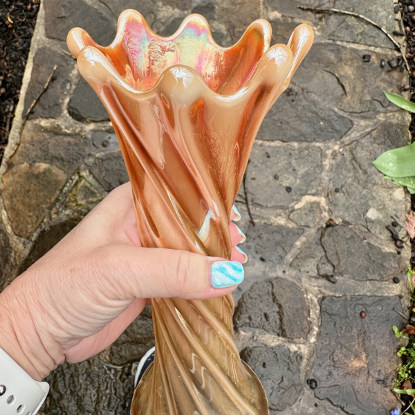 Antique Dugan Wide Rib Peach Opal Opalescent Carnival Glass Vase