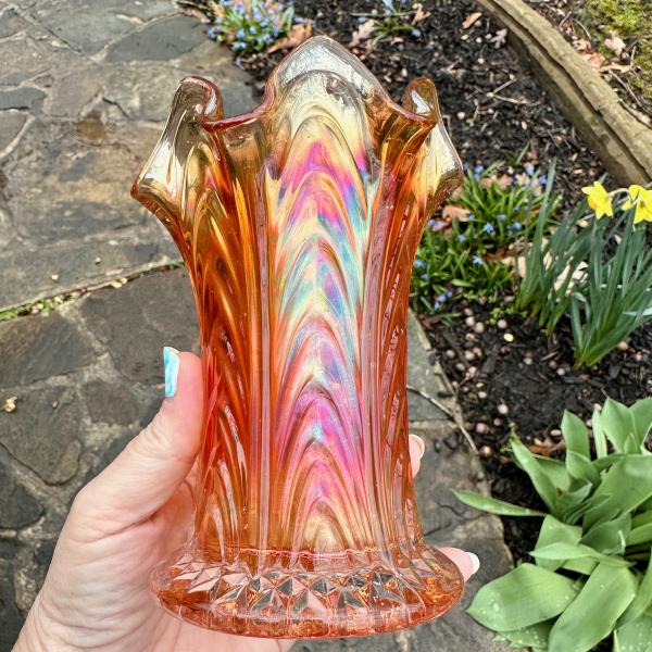 Antique Fenton Marigold Boggy Bayou Carnival Glass Squat Vase