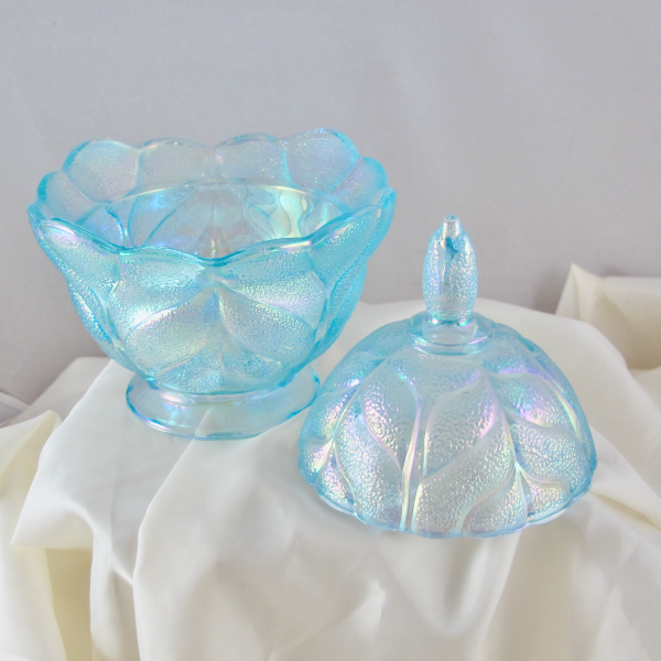 LE Smith Stippled Leaf Ice Blue Carnival Glass Candy Dish