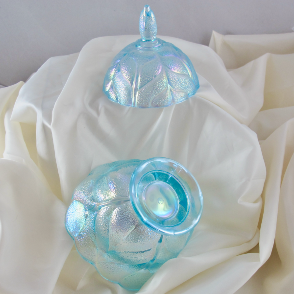 LE Smith Stippled Leaf Ice Blue Carnival Glass Candy Dish