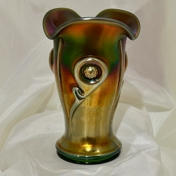 Antique Northwood Tornado Green Carnival Glass Vase LARGE ONE
