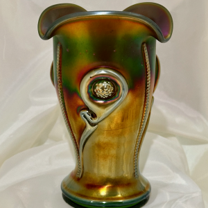 Antique Northwood Tornado Green Carnival Glass Vase LARGE ONE