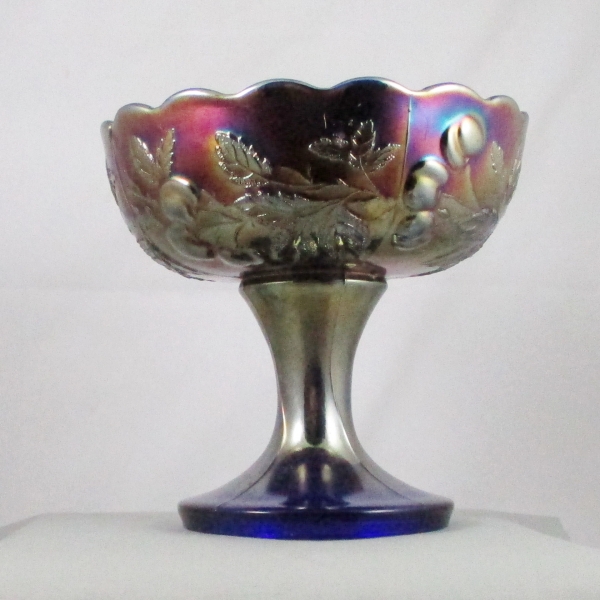 Antique Dugan Blue Many Fruits Carnival Glass Punch Base or Compote