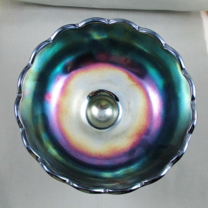 Antique Dugan Blue Many Fruits Carnival Glass Punch Base or Compote