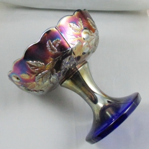 Antique Dugan Blue Many Fruits Carnival Glass Punch Base or Compote