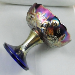 Antique Dugan Blue Many Fruits Carnival Glass Punch Base or Compote