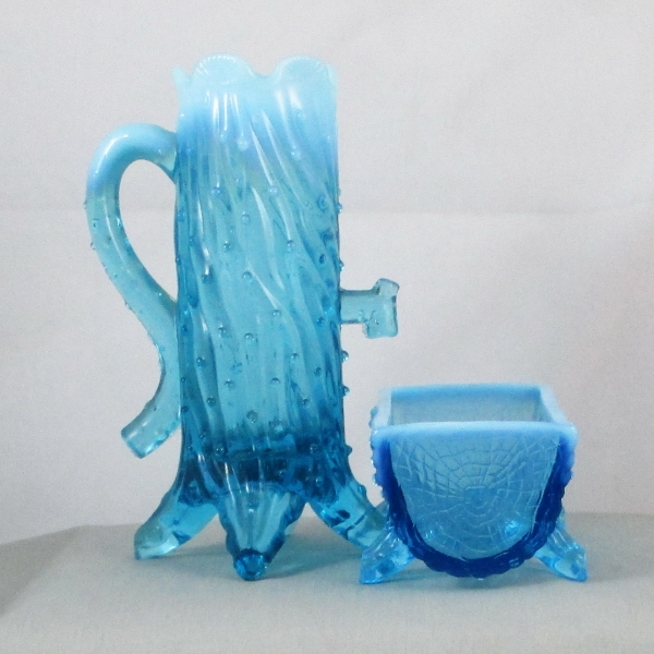 Antique Northwood Town Pump and Trough Blue Opalescent Glass Creamer & Sugar