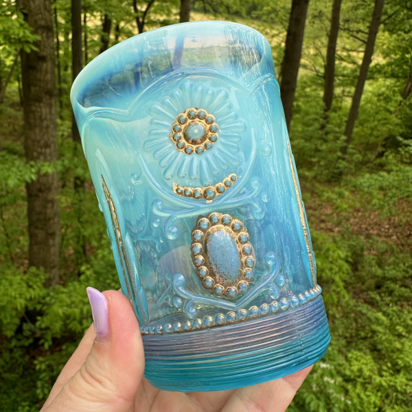 Antique Northwood Jewel & Flower Encore Blue Opalescent Glass Tumbler Gold Gilt Cranberry