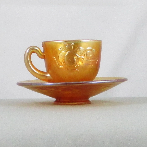 Antique Fenton Kittens Marigold Carnival Glass Cup & Saucer