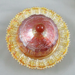 Antique Fenton Marigold Butterfly & Berry Carnival Glass Butter with Lid