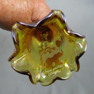 Fenton Amber Diamond Optic Hand Painted Elephant Carnival Glass Hand Bell