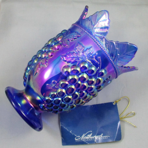 Northwood Grape & Cable Cobalt Blue Carnival Glass Vase