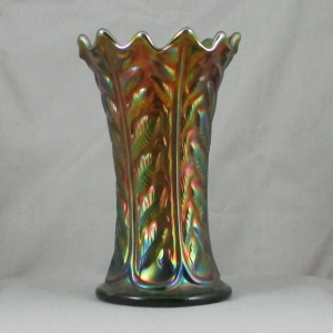 Antique Northwood Leaf Columns Green Carnival Glass Short Vase