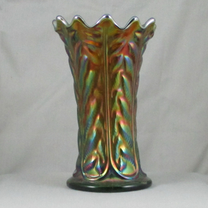 Antique Northwood Leaf Columns Green Carnival Glass Short Vase
