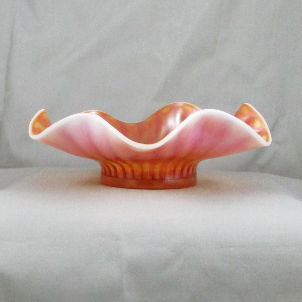 Antique Dugan Stippled Flower Peach Opal Carnival Glass Ruffled Bowl