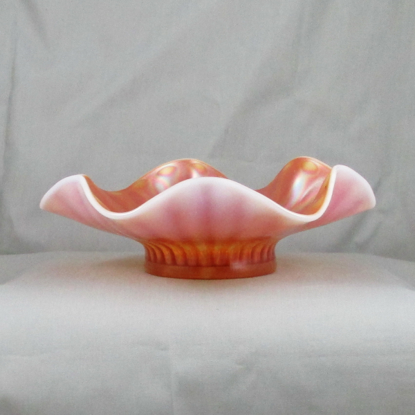 Antique Dugan Stippled Flower Peach Opal Carnival Glass Ruffled Bowl