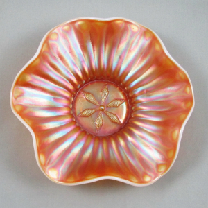 Antique Dugan Stippled Flower Peach Opal Carnival Glass Ruffled Bowl