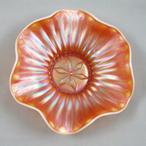 Antique Dugan Stippled Flower Peach Opal Carnival Glass Ruffled Bowl