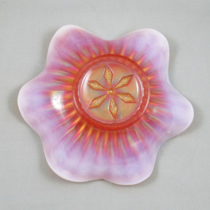 Antique Dugan Stippled Flower Peach Opal Carnival Glass Ruffled Bowl