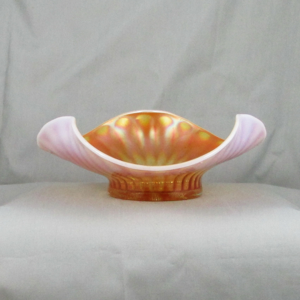 Antique Dugan Stippled Flower Peach Opal Carnival Glass Tri-corner Bowl