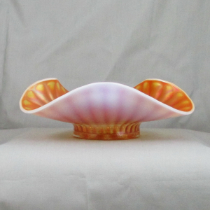Antique Dugan Stippled Flower Peach Opal Carnival Glass Tri-corner Bowl