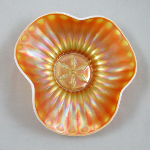 Antique Dugan Stippled Flower Peach Opal Carnival Glass Tri-corner Bowl