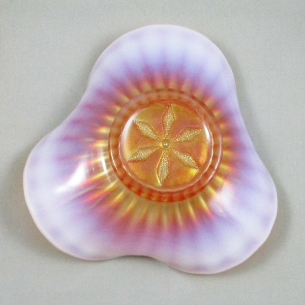 Antique Dugan Stippled Flower Peach Opal Carnival Glass Tri-corner Bowl